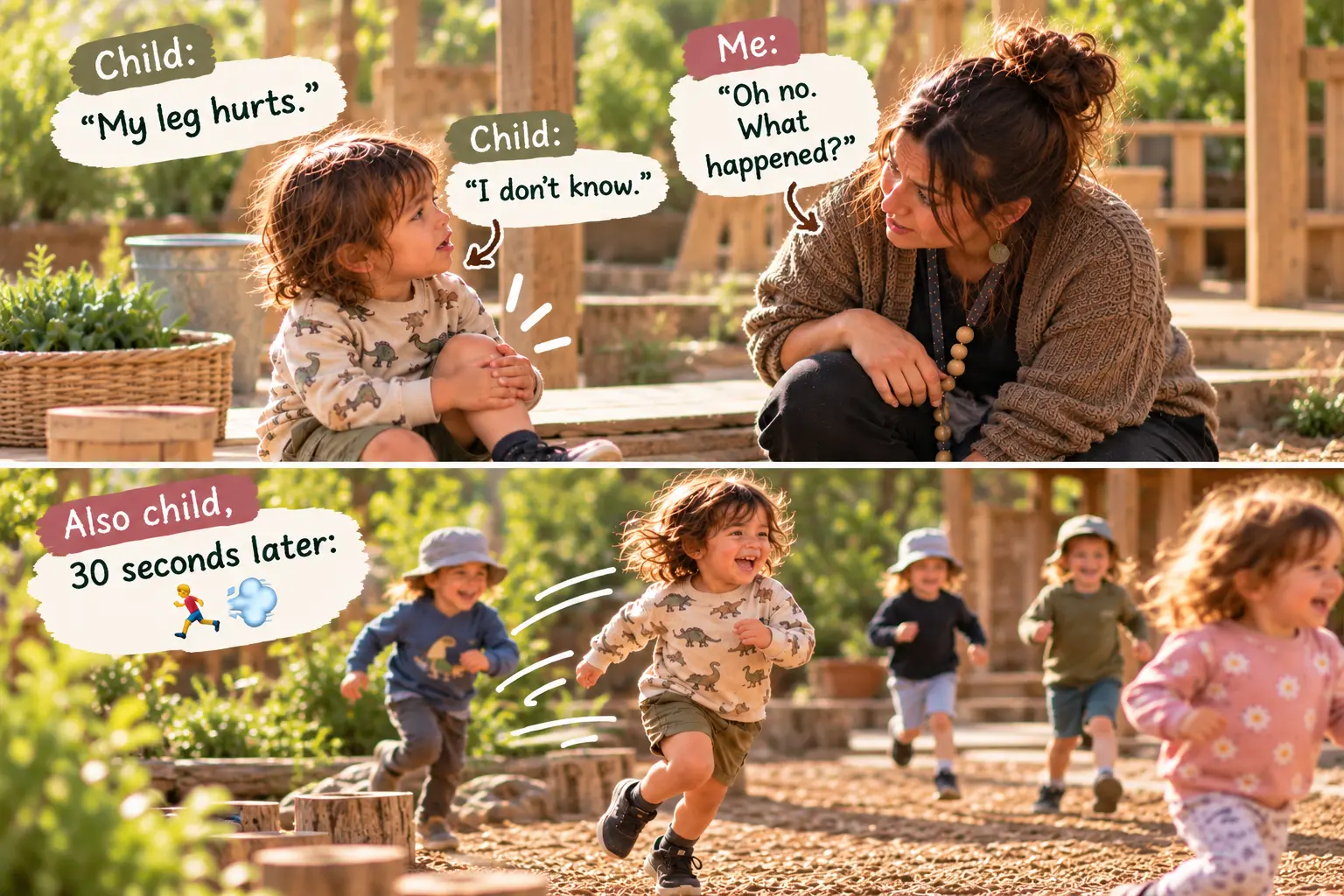 “My leg hurts.” — 30 seconds later, the same child is running full speed