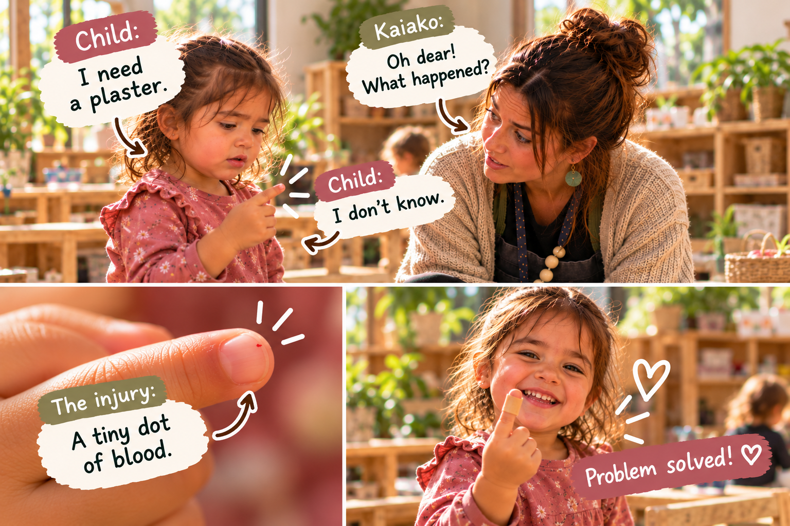 “I need a plaster.” — the injury: a tiny dot of blood. Problem solved!