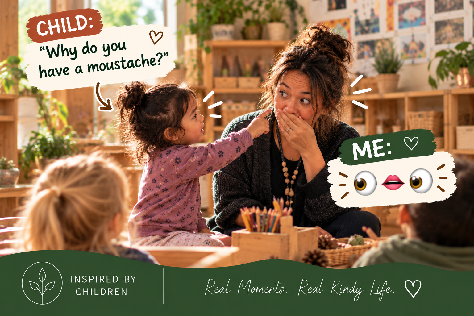 A child asks “Why do you have a moustache?” — a speech-bubble moment in the classroom
