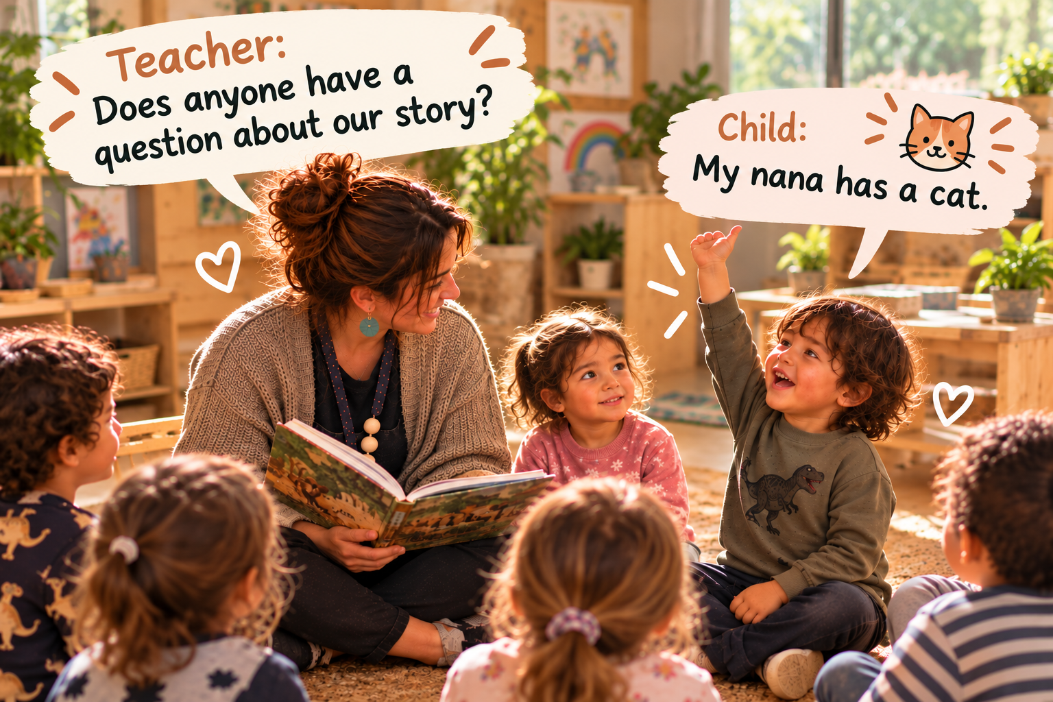Teacher: “Does anyone have a question about our story?” — Child: “My nana has a cat.”