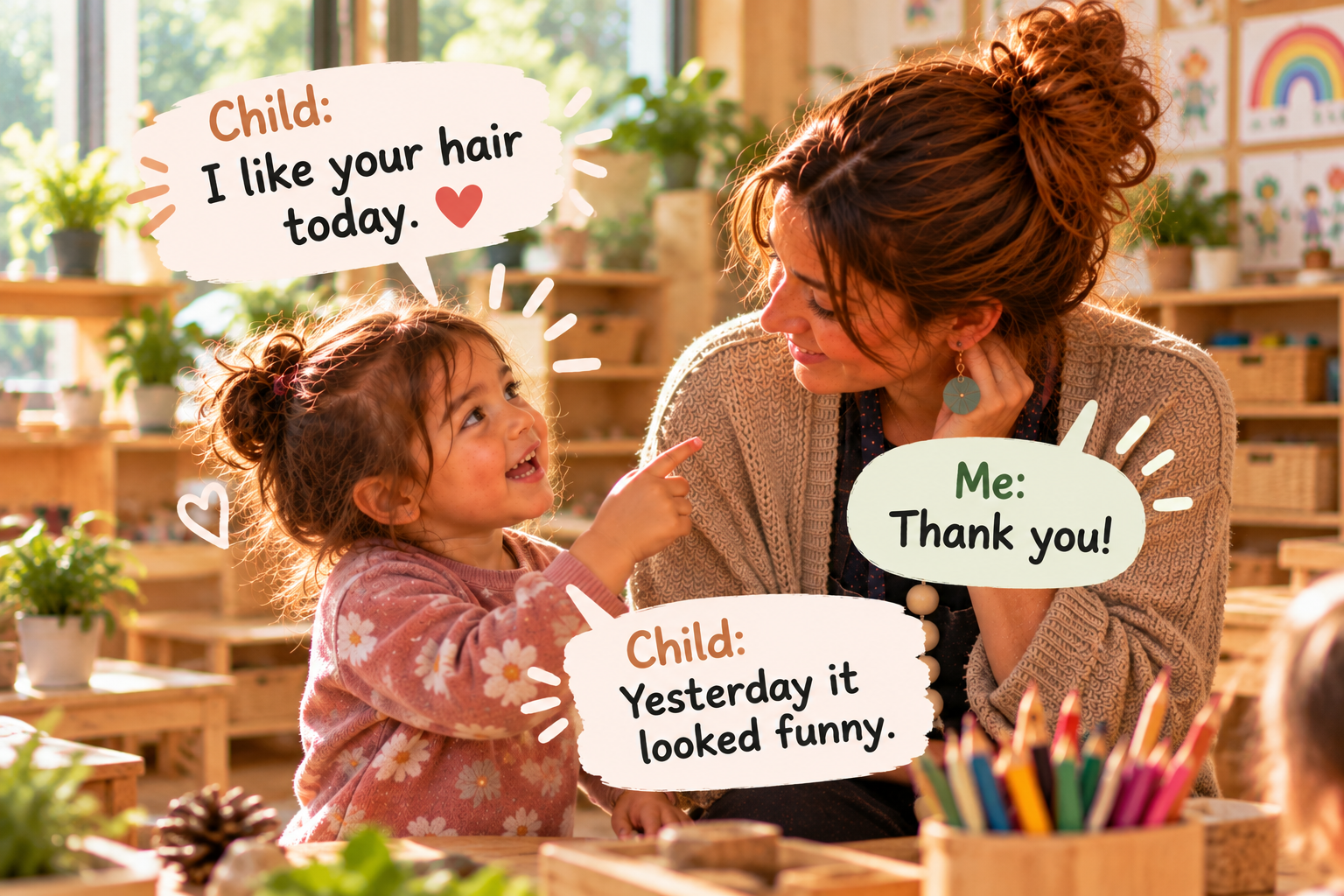 “I like your hair today.” — “Thank you!” — “Yesterday it looked funny.”