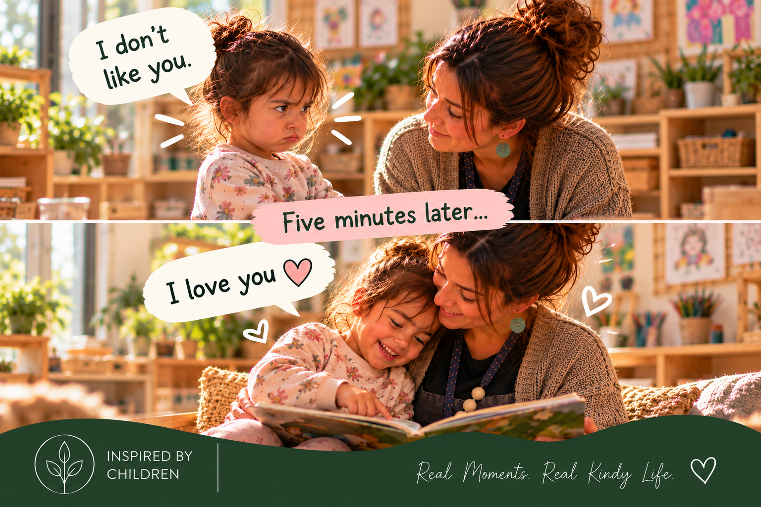 “I don't like you.” Five minutes later… “I love you” — a child hugging her teacher over a book