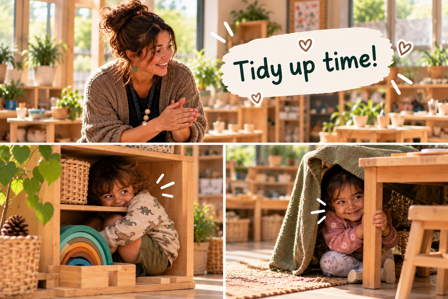 “Tidy up time!” — and two children vanish into hiding spots instead