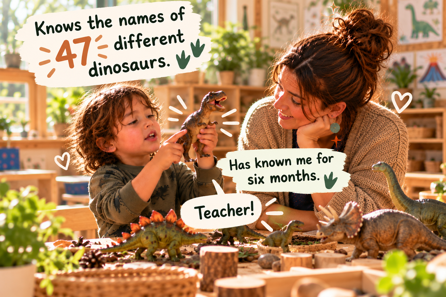 A child knows the names of 47 different dinosaurs — “Teacher!”. “Has known me for six months.”