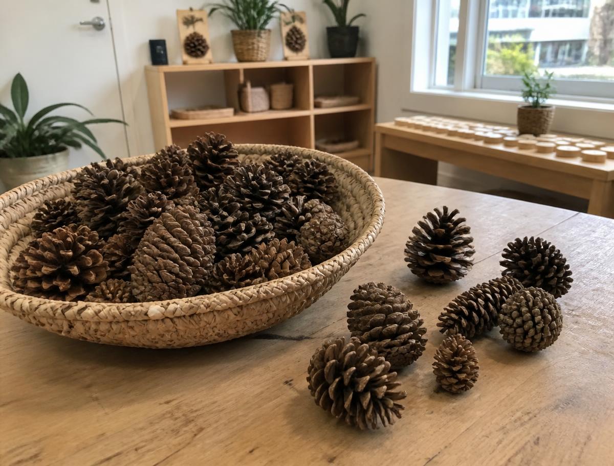 A woven basket of naturally collected pinecones on a timber classroom table, with soft natural light and indoor plants in the background